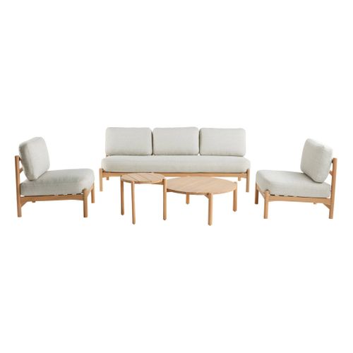 Salon De Jardin Copacabana 5 Places En Bois D'acacia. Housse Beige En Lin. Un Banc. Deux Fauteuils.