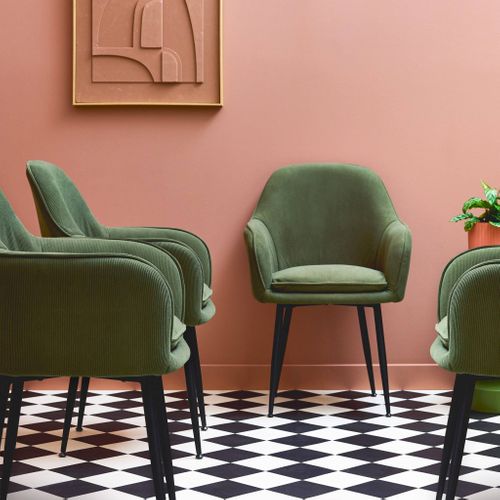 Lot De 4 Fauteuils En Velours Côtelé Kaki Foncé Et Pieds En Métal Noir Mat. L 57 X P 59 X H 84.5cm