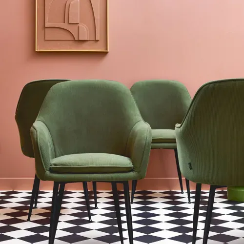 Lot De 4 Fauteuils En Velours Côtelé Kaki Foncé Et Pieds En Métal Noir Mat. L 57 X P 59 X H 84.5cm