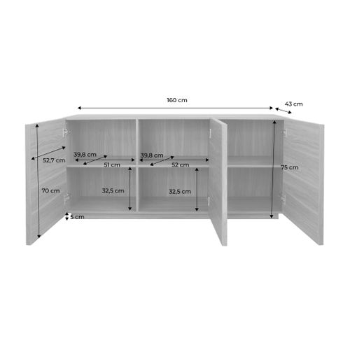 Buffet Effet Bois 3 Portes Noyer L 160 X P 43 X H 75cm - Kuba