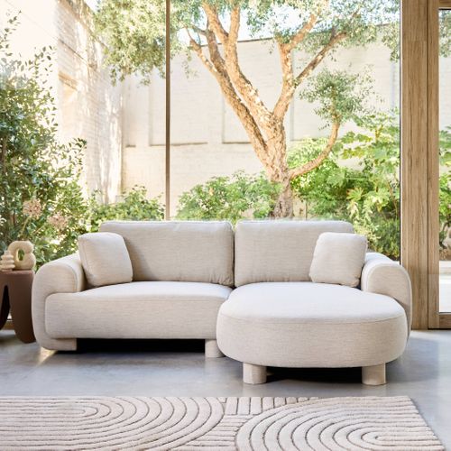 Canapé D'angle Droite 3 Places Tissu Crème. Pieds Ronds L 231 X P 160 / 88 Cm - Zenio