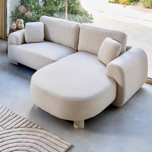 Canapé D'angle Droite 3 Places Tissu Crème. Pieds Ronds L 231 X P 160 / 88 Cm - Zenio