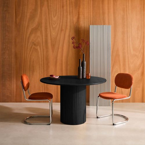 Table à Manger Ronde Bois D'hévéa Et Placage Chêne Noir 4 Places - D. 115 X 73 Cm - Estelle
