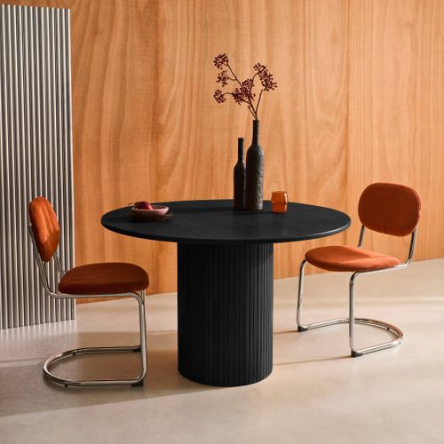 Table à Manger Ronde Bois D'hévéa Et Placage Chêne Noir 4 Places - D. 115 X 73 Cm - Estelle