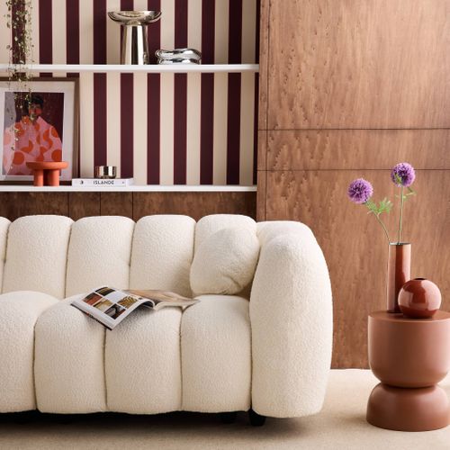 Canapé 3 Places Coquillage En Bouclette Blanc L 221 X P 100 X H 76cm - Perla