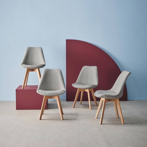 Lot De 4 Chaises Scandinaves Revêtement Bouclette Texturée Gris Clair. Pieds Bois De Hêtre - Nils
