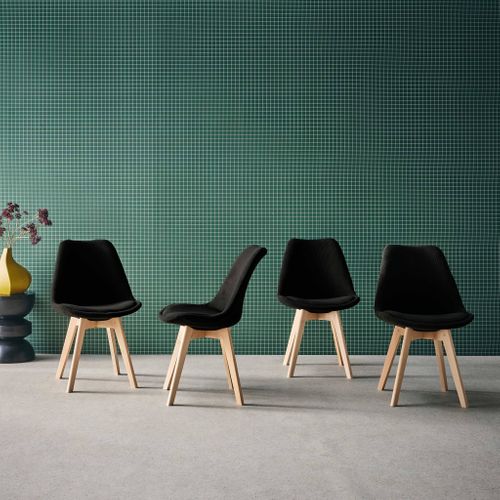 Lot De 4 Chaises Scandinaves Revêtement Velours Côtelé Noir. Pieds Bois De Hêtre - Nils