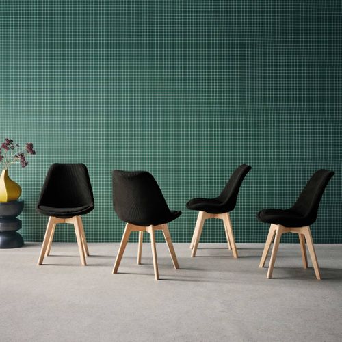 Lot De 4 Chaises Scandinaves Revêtement Velours Côtelé Noir. Pieds Bois De Hêtre - Nils