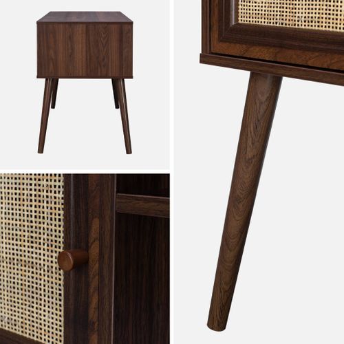 Bureau Cannage Et Décor Bois Foncé Avec 2 Portes. 1 Casier Ouvert. Pieds Compas