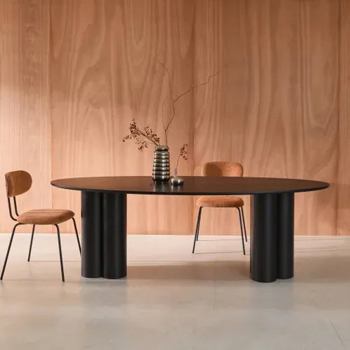 Table à Manger Ovale Bois D'hévéa Et Placage Chêne Noir 8 Places 220cm - Leonore
