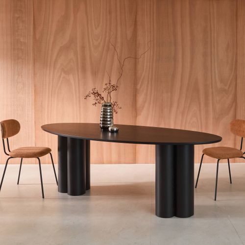 Table à Manger Ovale Bois D'hévéa Et Placage Chêne Noir 8 Places 220cm - Leonore