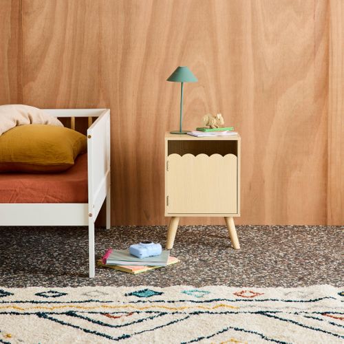 Table De Chevet Enfant Décor Bois Naturel 1 Porte. Pieds Bois De Pin - 34 X 23.5 X 52 Cm - Azur