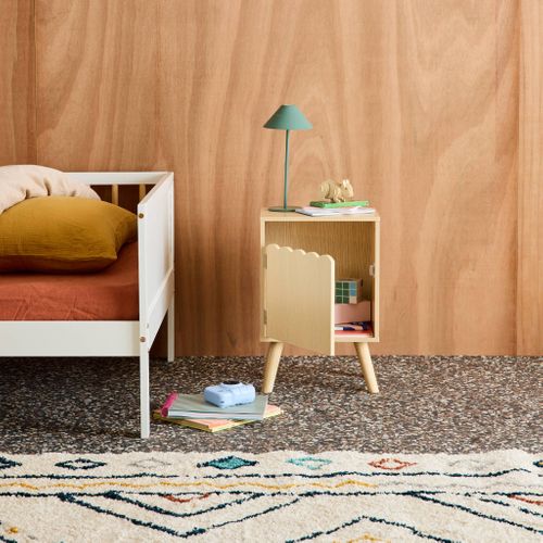 Table De Chevet Enfant Décor Bois Naturel 1 Porte. Pieds Bois De Pin - 34 X 23.5 X 52 Cm - Azur