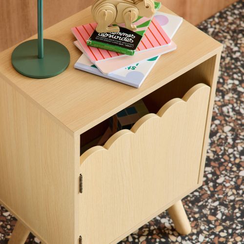 Table De Chevet Enfant Décor Bois Naturel 1 Porte. Pieds Bois De Pin - 34 X 23.5 X 52 Cm - Azur
