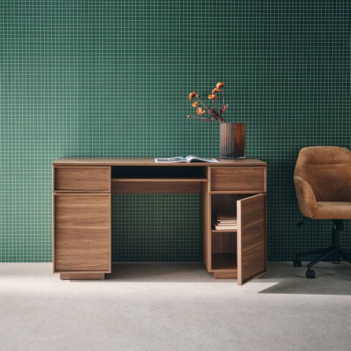 Bureau Effet Bois Noyer 2 Portes 2 Tiroirs 1 Niche 140cm - L 140 X P 55 X H 77cm - Kuba