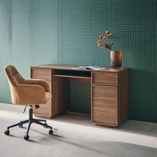 Bureau Effet Bois Noyer 2 Portes 2 Tiroirs 1 Niche 140cm - L 140 X P 55 X H 77cm - Kuba