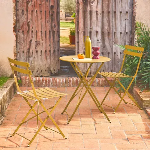 Table De Jardin Bistrot Pliante Métal + 2 Assises Ocre D.60 X 70cm. Acier Thermolaqué