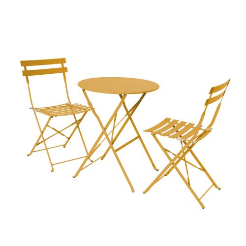 Table De Jardin Bistrot Pliante Métal + 2 Assises Ocre D.60 X 70cm. Acier Thermolaqué