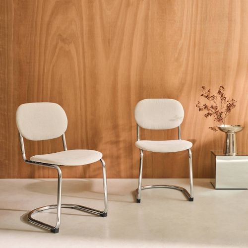 Lot De 2 Chaises Cantilever Arrondie Métal. Tissu Chenille Beige Et Pieds Chromés - L 47 X P 54.5 X