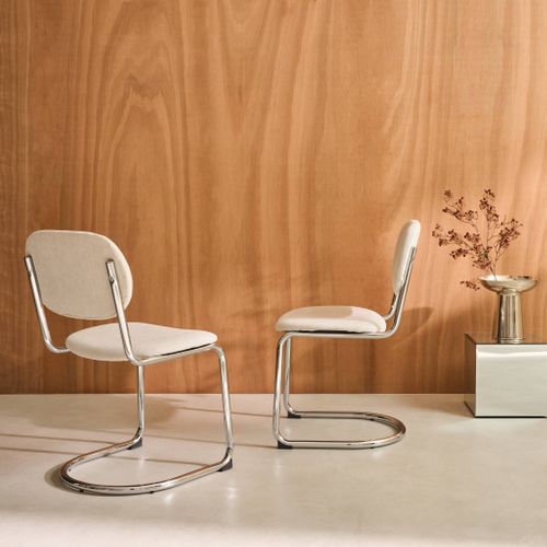 Lot De 2 Chaises Cantilever Arrondie Métal. Tissu Chenille Beige Et Pieds Chromés - L 47 X P 54.5 X