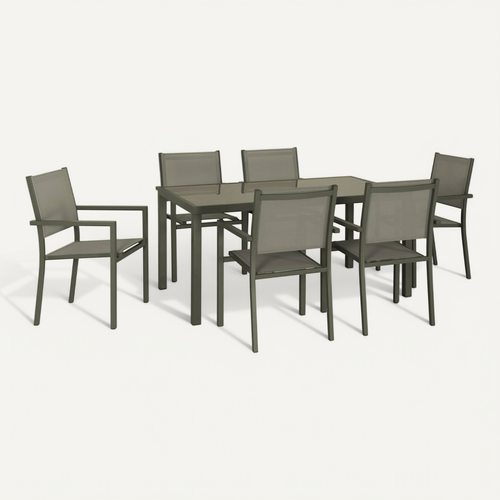 Salon De Jardin En Aluminium Et Textilène - Capua - Kaki - 6 Places - 1 Grande Table Rectangulaire.