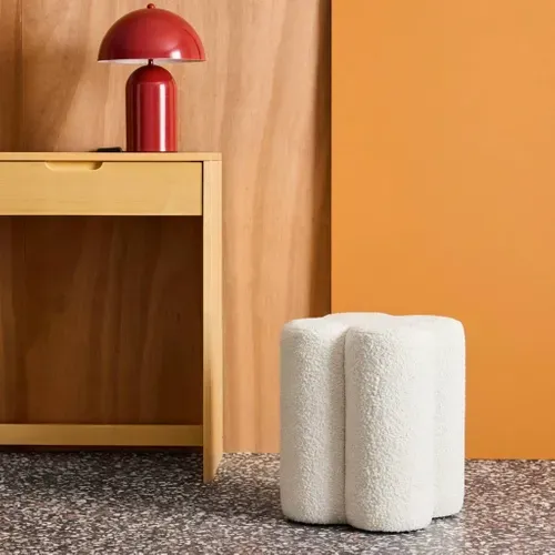 Pouf Tabouret Trèfle Bouclette Blanc D.38 X H 40cm - Clover