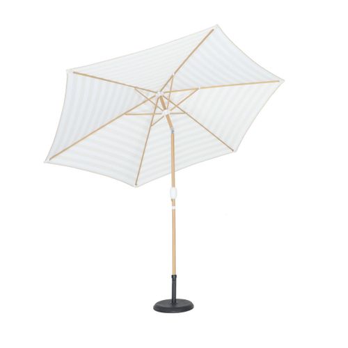 Parasol Droit Rond Rayures Beige D.293cm Mât Central En Aluminium Imitation Bois. Orientable Et