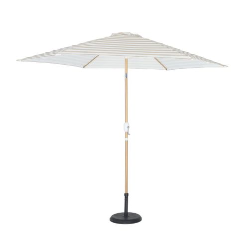 Parasol Droit Rond Rayures Beige D.293cm Mât Central En Aluminium Imitation Bois. Orientable Et