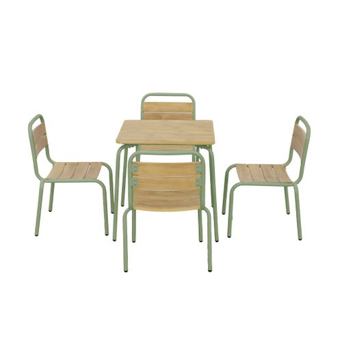 Table De Jardin Enfant Acier Et Décor Bois + 4 Assises Vert De Gris - Suzie