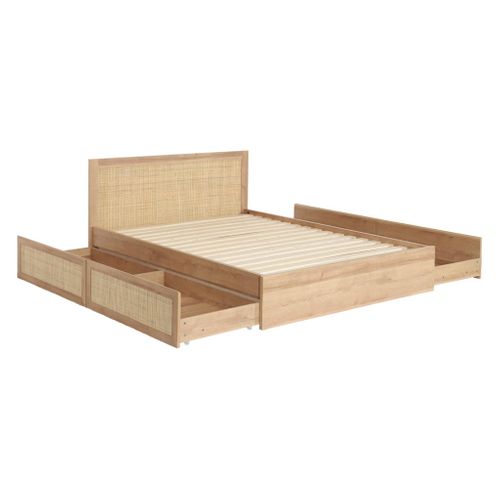 Lit Bohème Avec Sommier à Lattes Et Tête De Lit 140 X 190cm + 4 Tiroirs Décor Bois Et Cannage