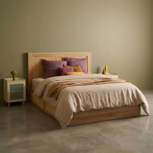 Lit Bohème Avec Sommier à Lattes Et Tête De Lit 140 X 190cm + 4 Tiroirs Décor Bois Et Cannage