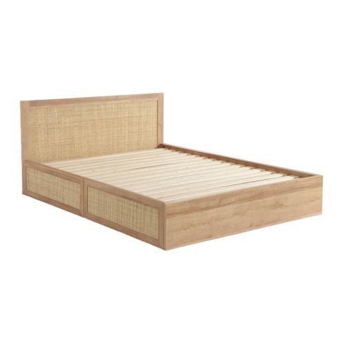 Lit Bohème Avec Sommier à Lattes Et Tête De Lit 140 X 190cm + 4 Tiroirs Décor Bois Et Cannage