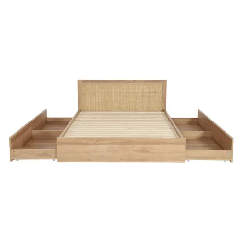 Lit Bohème Avec Sommier à Lattes Et Tête De Lit 140 X 190cm + 4 Tiroirs Décor Bois Et Cannage