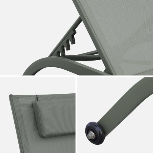 Lot De 2 Bains De Soleil Acier Kaki Multi Positions Avec Coussin Et Roulettes - Ona