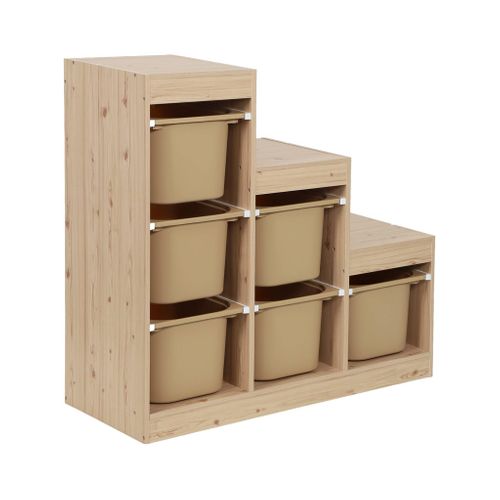 Meuble De Rangement Enfant Escalier 6 Bacs De Rangement Décor Bois Naturel Et Beige - Sora