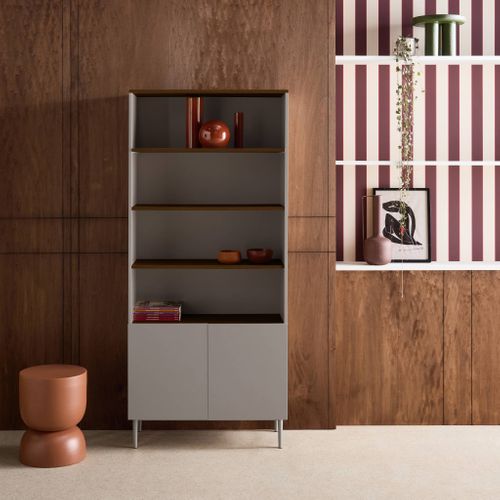 Etagère. Bibliothèque Métal Et Décor Bois 6 Niveaux Gris Et Noyer - Ashton