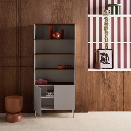 Etagère. Bibliothèque Métal Et Décor Bois 6 Niveaux Gris Et Noyer - Ashton