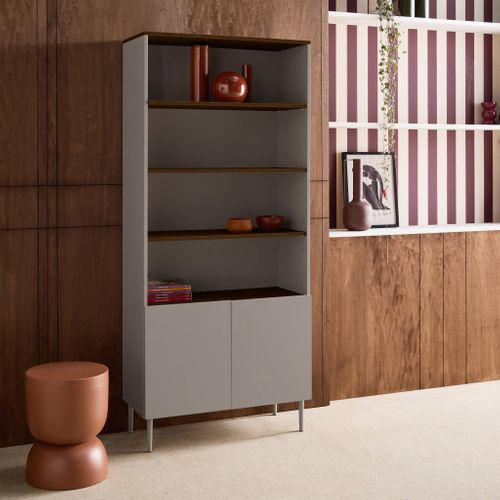 Etagère. Bibliothèque Métal Et Décor Bois 6 Niveaux Gris Et Noyer - Ashton
