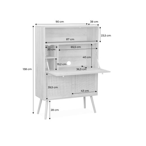 Bureau Secrétaire Décor Bois Et Cannage 2 Portes Noyer - Boheme