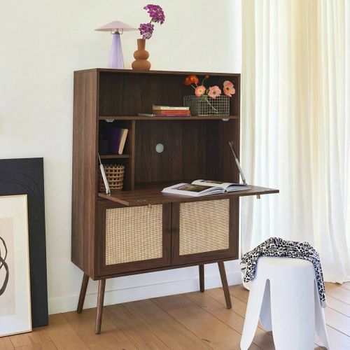 Bureau Secrétaire Décor Bois Et Cannage 2 Portes Noyer - Boheme
