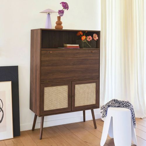 Bureau Secrétaire Décor Bois Et Cannage 2 Portes Noyer - Boheme