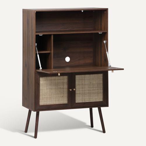 Bureau Secrétaire Décor Bois Et Cannage 2 Portes Noyer - Boheme