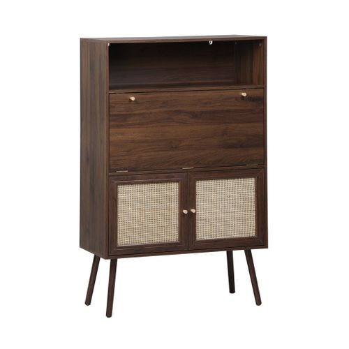 Bureau Secrétaire Décor Bois Et Cannage 2 Portes Noyer - Boheme