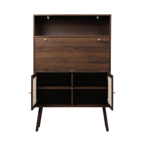 Bureau Secrétaire Décor Bois Et Cannage 2 Portes Noyer - Boheme