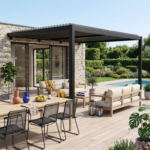 Pergola Bioclimatique Aluminium Adossée Lames Orientables 4x3m Noir Palace