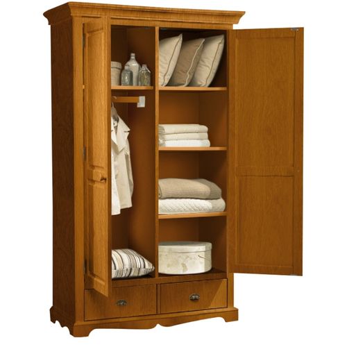 Armoire Penderie Pin Miel 2 Portes 2 Tiroirs 6 Niches L 114.5 H 195 P 54 Cm