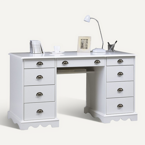 Bureau 2 Caissons Blanc 9 Tiroirs De Style Anglais L 137.5 H 74.7 P 58.3 Cm