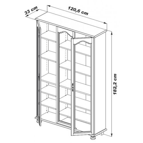 Vitrine Bibliothèque Chêne 3 Portes Vitrées 12 Niches L 120.6 H 182.2 P 33 Cm