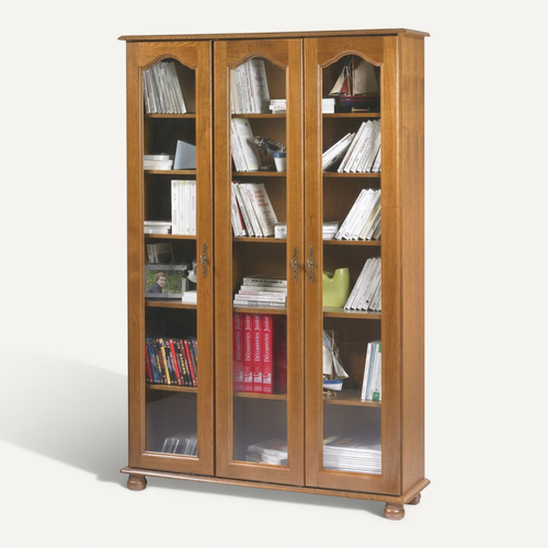 Vitrine Bibliothèque Chêne 3 Portes Vitrées 12 Niches L 120.6 H 182.2 P 33 Cm