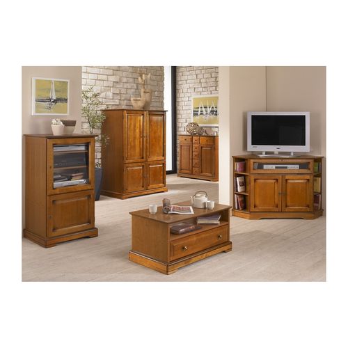 Meuble TV D'angle 42 Pouces Merisier 9 Niches 2 Portes L 114 H 77 P 77 Cm